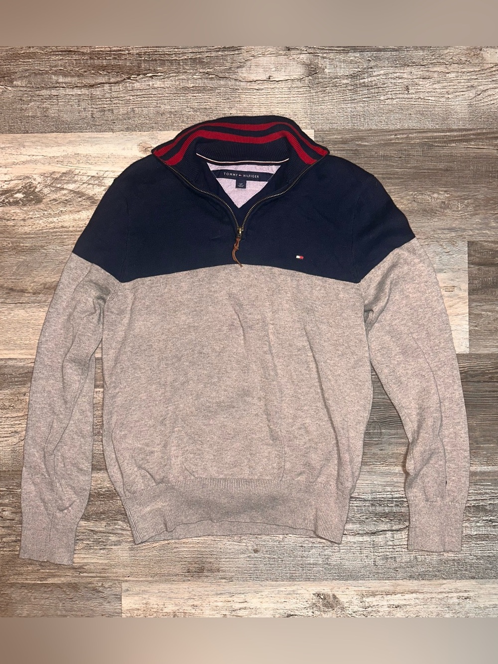 Tommy Hilfiger Men’s Zip-Up Colorblock Sweater - Navy, Light Gray & Red Trim